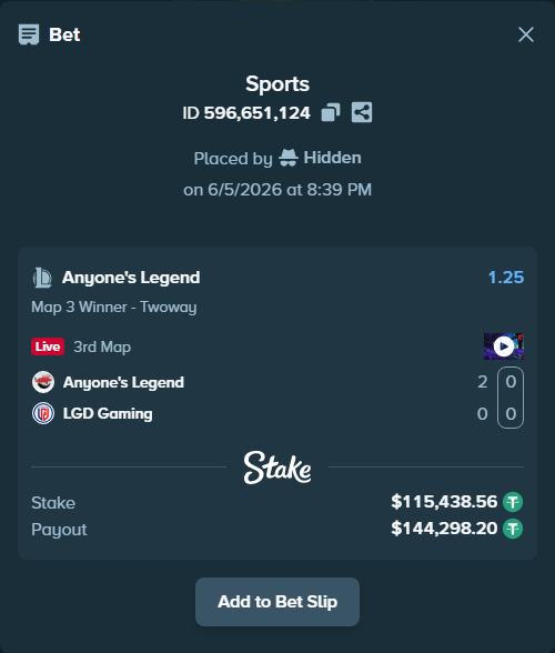 Bet slip: Anyone's Legend - LGD Gaming, $115,554.00 stake at 1.25 odds, placed by Hidden