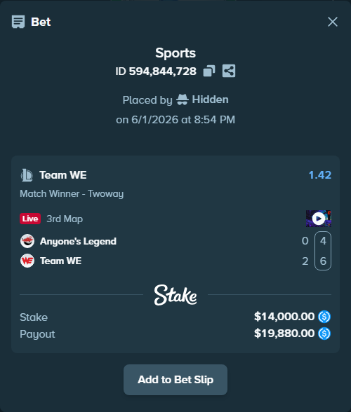 Bet slip: Anyone's Legend - Team WE, $14,000.00 stake at 1.42 odds, placed by Hidden