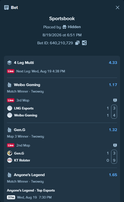 Bet slip: Anyone's Legend - Top Esports, $100,100.00 stake at 1.65 odds, placed by Hidden