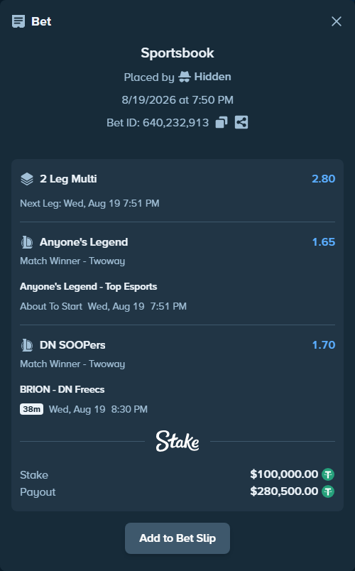 Bet slip: Anyone's Legend - Top Esports, $100,100.00 stake at 1.65 odds, placed by Hidden