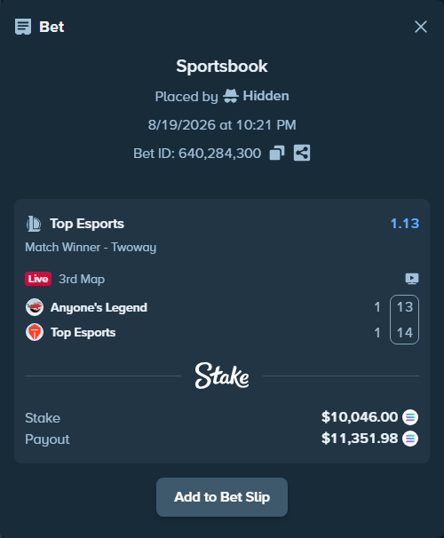 Bet slip: Anyone's Legend - Top Esports, $10,188.75 stake at 1.13 odds, placed by Hidden
