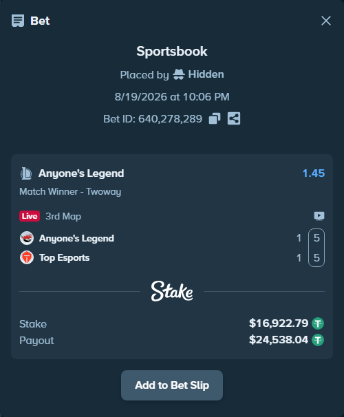 Bet slip: Anyone's Legend - Top Esports, $16,939.71 stake at 1.45 odds, placed by Hidden
