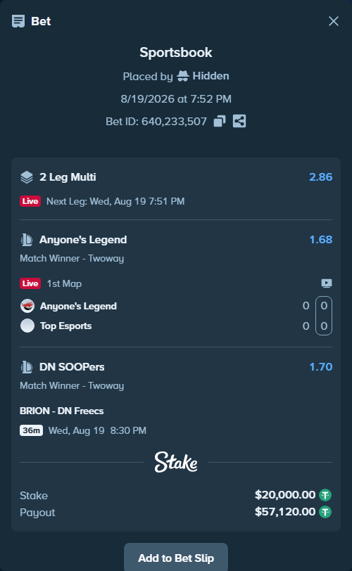 Bet slip: Anyone's Legend - Top Esports, $20,020.00 stake at 1.68 odds, placed by Hidden