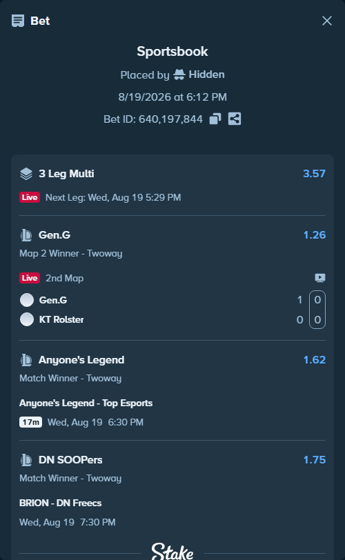 Bet slip: Anyone's Legend - Top Esports, $70,070.00 stake at 1.62 odds, placed by Hidden