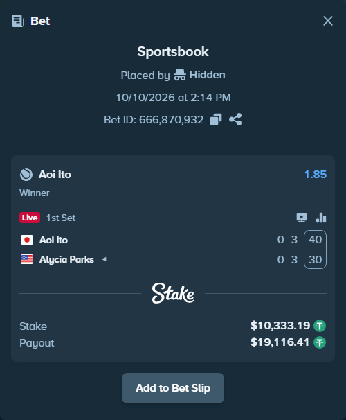 Bet slip: Aoi Ito - Alycia Parks, $10,343.53 stake at 1.85 odds, placed by Hidden