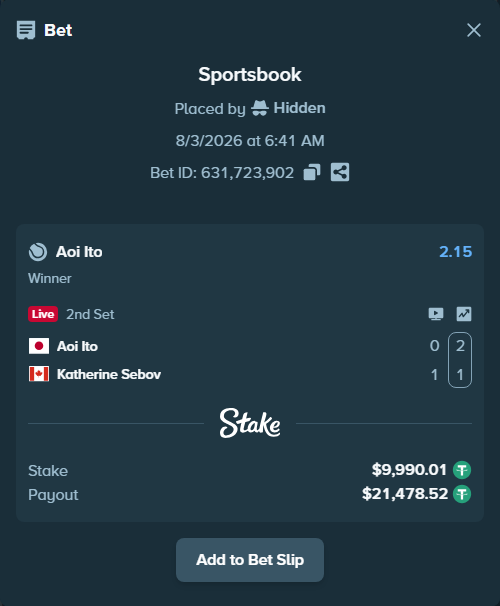 Bet slip: Aoi Ito - Katherine Sebov, $10,000.00 stake at 2.15 odds, placed by Hidden