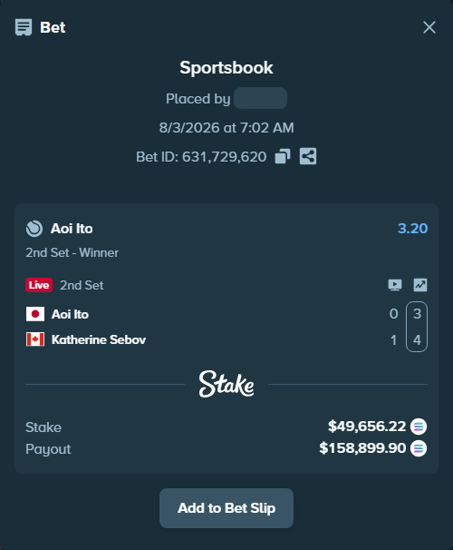 Bet slip: Aoi Ito - Katherine Sebov, $49,003.67 stake at 3.20 odds, placed by Prettylfacko98