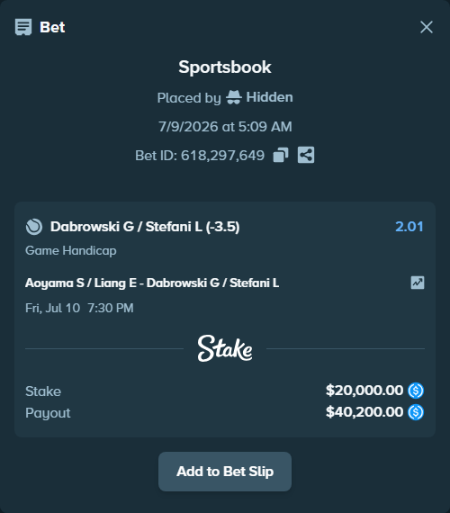 Bet slip: Aoyama S / Liang E- - Dabrowski G / Stefani L, $20,000.00 stake at 2.01 odds, placed by Hidden
