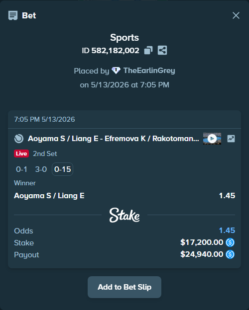 Bet slip: Aoyama S / Liang E - Efremova K / Rakotomanga Rajaonah T S, $17,200.00 stake at 1.45 odds, placed by TheEarlinGrey