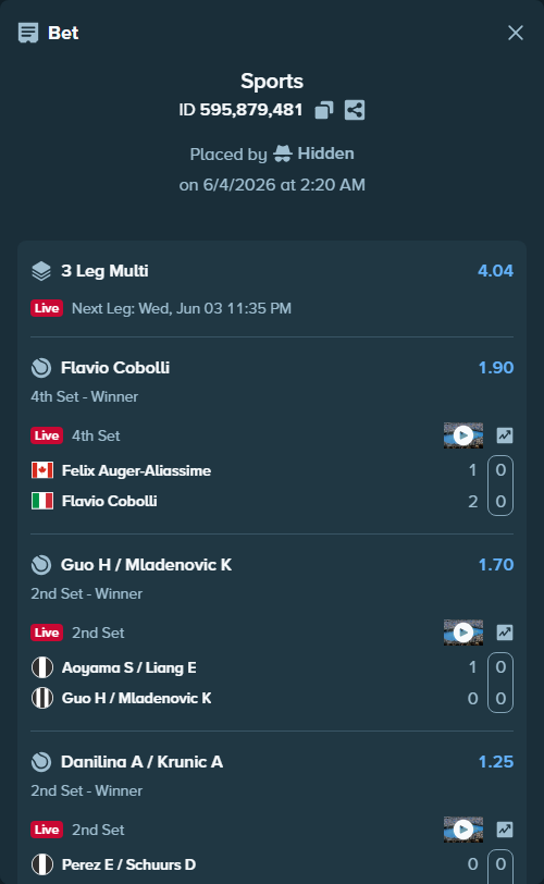 Bet slip: Aoyama S / Liang E - Guo H / Mladenovic K, $10,010.00 stake at 1.70 odds, placed by Hidden