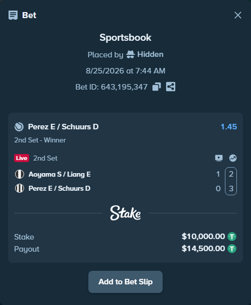 Bet slip: Aoyama S / Liang E- - Perez E / Schuurs D, $10,000.00 stake at 1.45 odds, placed by WinTr10