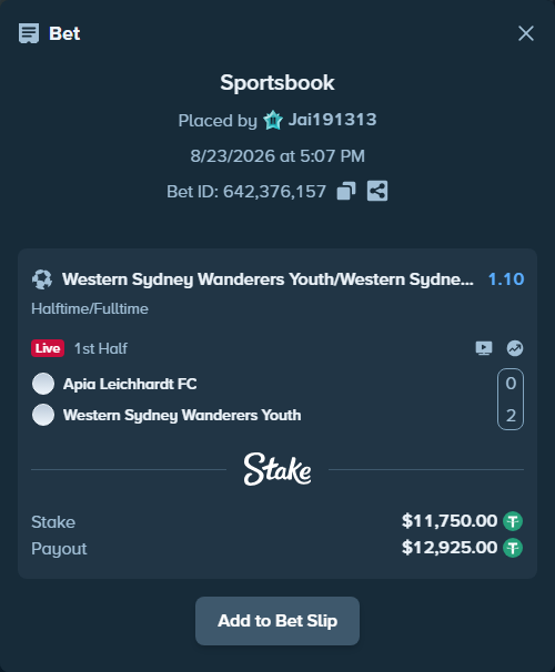 Bet slip: Apia Leichhardt FC - Western Sydney Wanderers Youth, $11,750.00 stake at 1.10 odds, placed by Jai191313