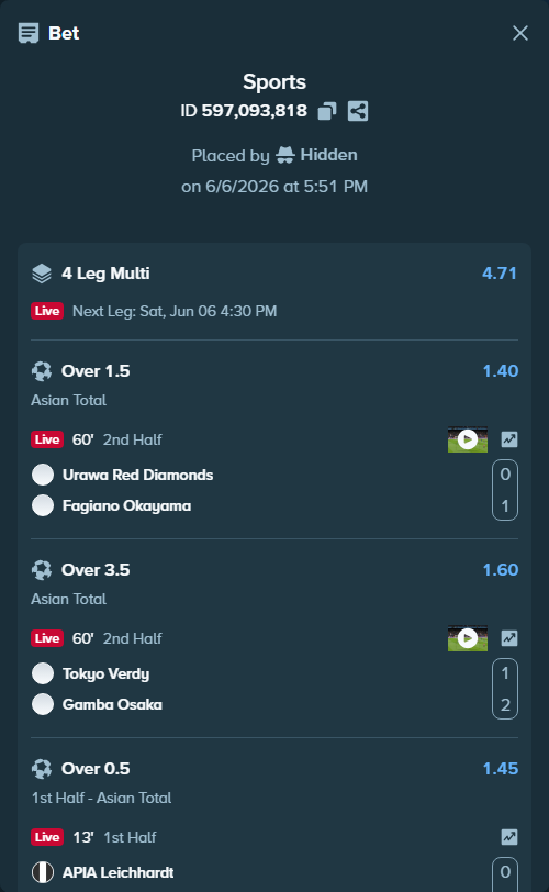 Bet slip: APIA Leichhardt - Manly United FC, $21,743.00 stake at 1.45 odds, placed by Hidden