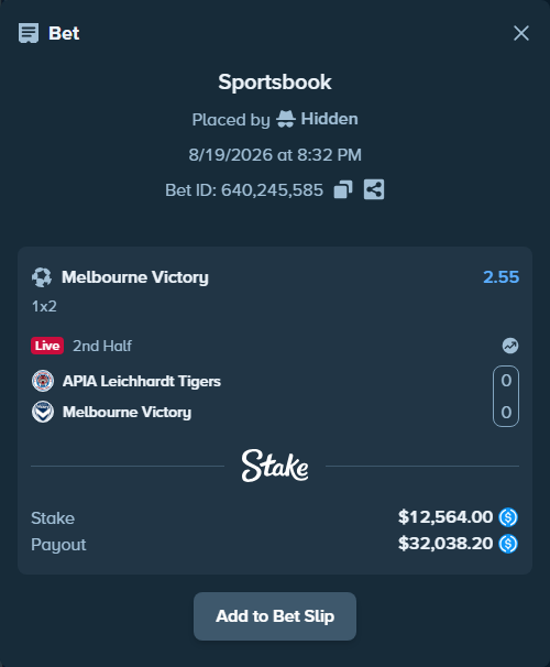Bet slip: APIA Leichhardt - Melbourne Victory, $12,564.00 stake at 2.55 odds, placed by Hidden