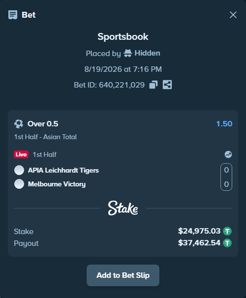 Bet slip: APIA Leichhardt - Melbourne Victory, $25,000.00 stake at 1.50 odds, placed by Hidden