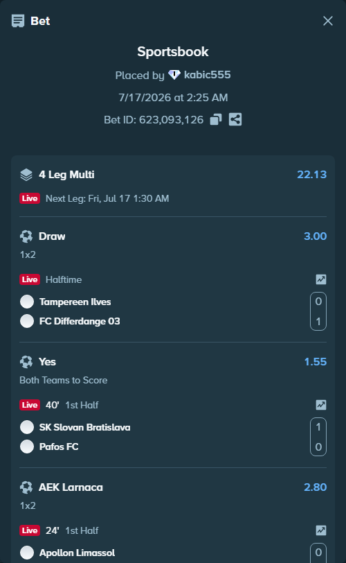Bet slip: Apollon Limassol - AEK Larnaca, $16,090.90 stake at 2.80 odds, placed by kabic555