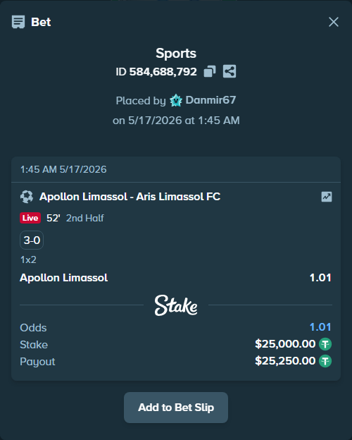 Bet slip: Apollon Limassol - Aris Limassol FC, $25,025.00 stake at 1.01 odds, placed by Danmir67
