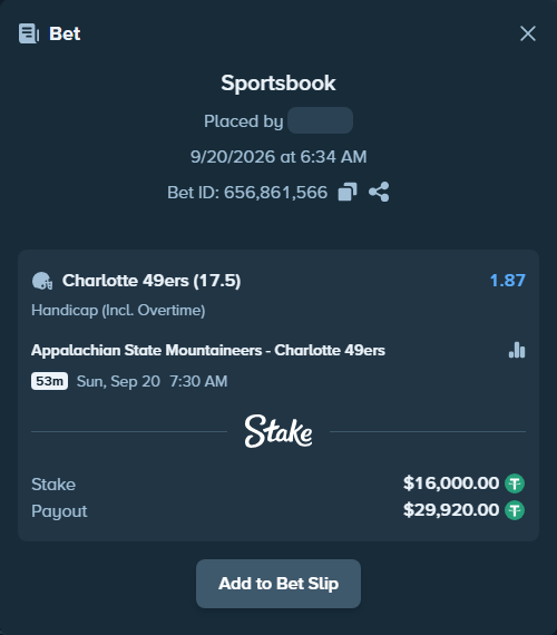 Bet slip: Appalachian State Mountaineers - Charlotte 49ers, $16,000.00 stake at 1.87 odds, placed by dvento
