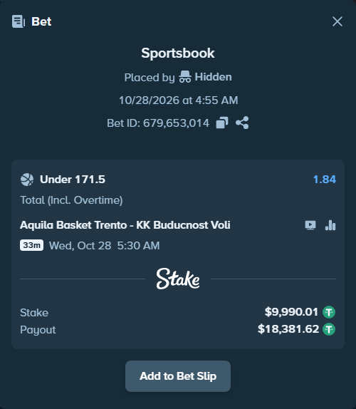 Bet slip: Aquila Basket Trento - Buducnost Podgorica, $10,000.00 stake at 1.84 odds, placed by Hidden