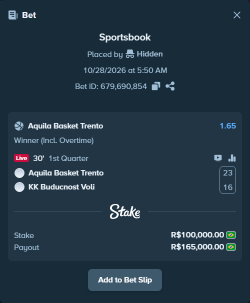 Bet slip: Aquila Basket Trento - Buducnost Podgorica, $20,000.00 stake at 1.65 odds, placed by Hidden