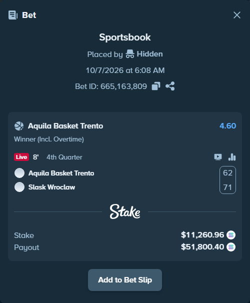 Bet slip: Aquila Basket Trento - Slask Wroclaw, $11,322.74 stake at 4.60 odds, placed by Prettylfacko98