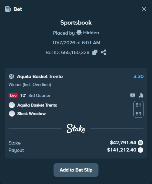 Bet slip: Aquila Basket Trento - Slask Wroclaw, $42,938.33 stake at 3.30 odds, placed by Prettylfacko98