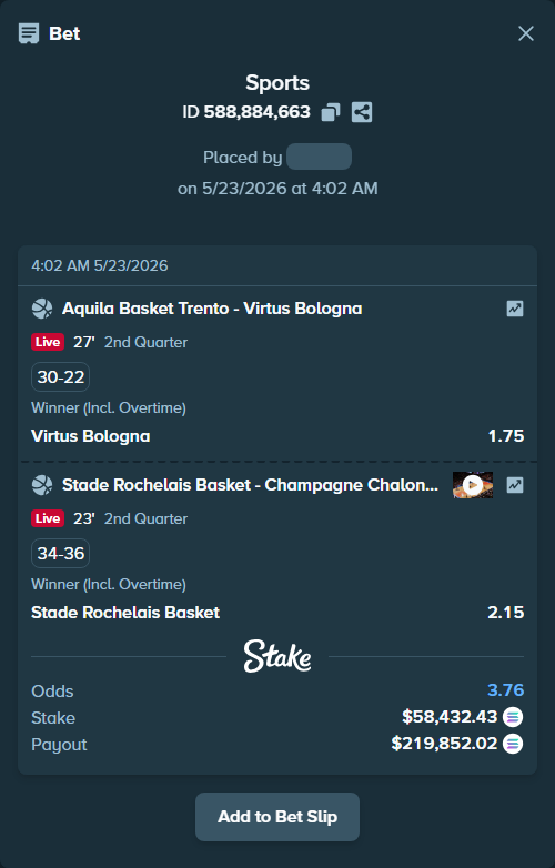 Bet slip: Aquila Basket Trento - Virtus Bologna, $49,586.91 stake at 1.75 odds, placed by Prettylfacko98