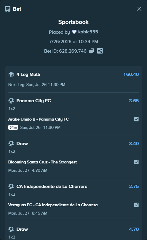 Bet slip: Arabe Unido B - Panama City FC, $17,108.06 stake at 3.65 odds, placed by kabic555