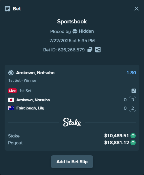 Bet slip: Arakawa, Natsuho - Fairclough, Lily, $10,500.00 stake at 1.80 odds, placed by Hidden