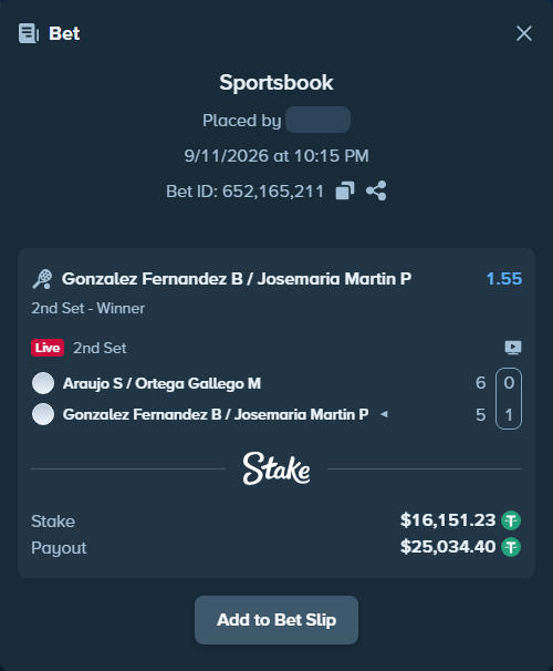 Bet slip: Araujo S / Ortega Gallego M - Gonzalez Fernandez B / Josemaria Martin P, $16,149.61 stake at 1.55 odds, placed by DooDLeZ1love