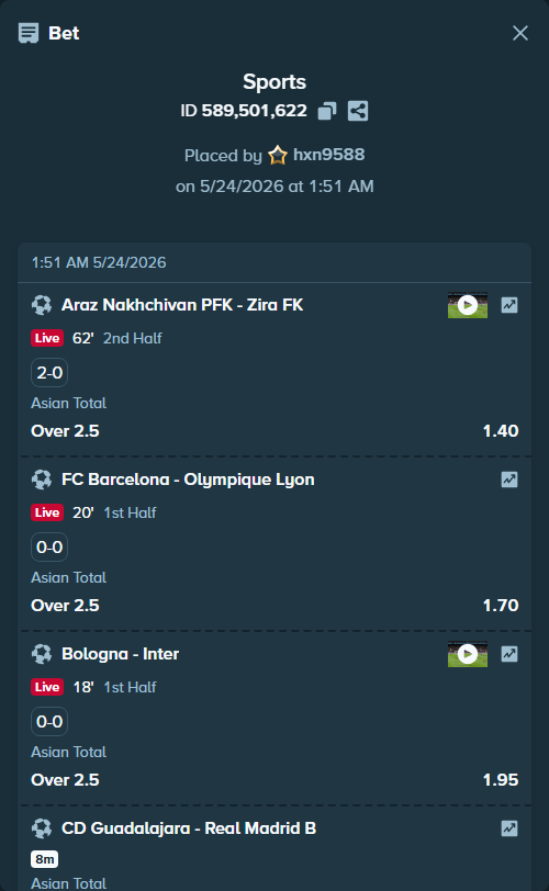 Bet slip: Araz Nakhchivan PFK - Zira FK, $13,566.12 stake at 1.40 odds, placed by hxn9588