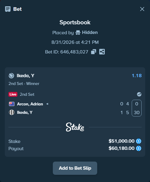Bet slip: Arcon, Adrian - Ikeda, Y, $51,000.00 stake at 1.18 odds, placed by Hidden