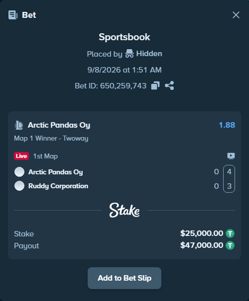 Bet slip: Arctic Pandas Oy - Ruddy Corporation, $25,000.00 stake at 1.88 odds, placed by Hidden