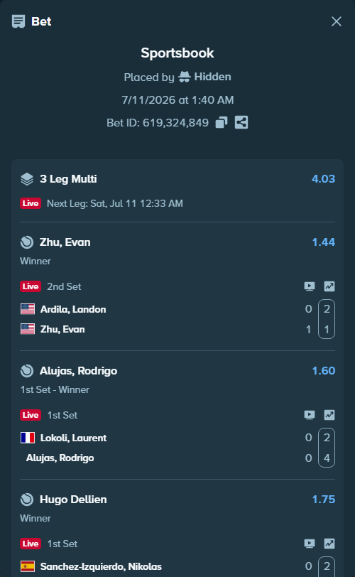 Bet slip: Ardila, Landon - Zhu, Evan, $10,000.00 stake at 1.44 odds, placed by Hidden