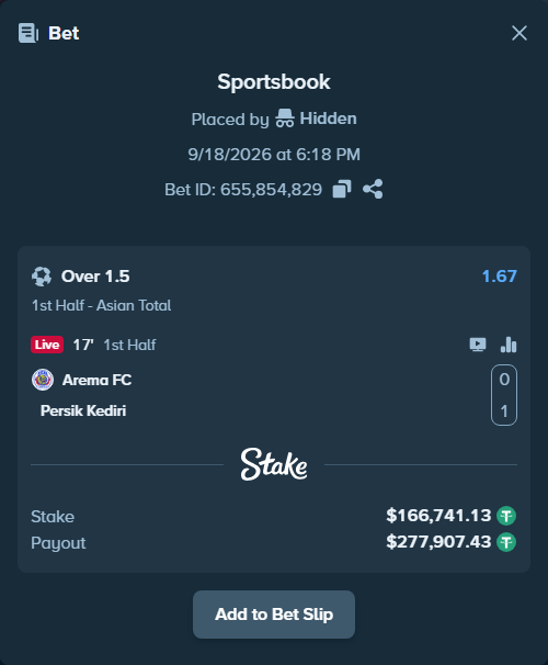 Bet slip: Arema FC - Persik Kediri, $166,907.87 stake at 1.67 odds, placed by Hidden