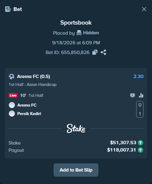 Bet slip: Arema FC - Persik Kediri, $51,358.83 stake at 2.30 odds, placed by Hidden
