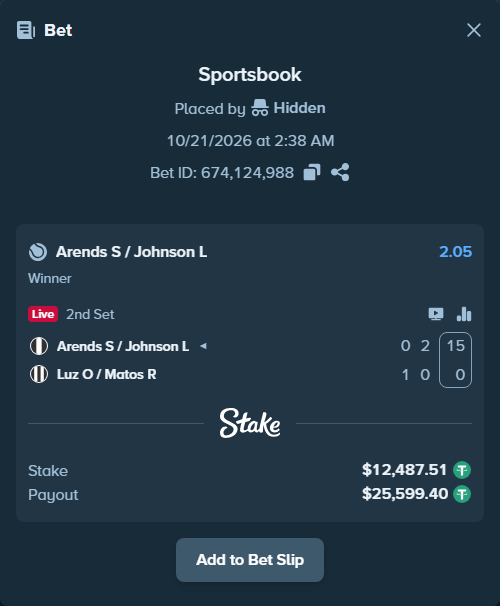 Bet slip: Arends S / Johnson L - Luz O / Matos R, $12,500.00 stake at 2.05 odds, placed by Hidden