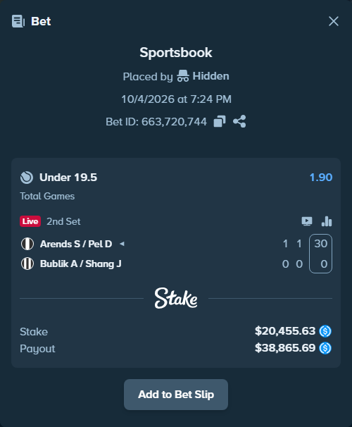 Bet slip: Arends S / Pel D - Bublik A / Shang J, $20,455.63 stake at 1.90 odds, placed by Hidden