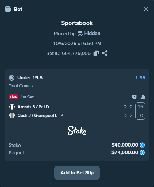Bet slip: Arends S / Pel D - Cash J / Glasspool L, $40,000.00 stake at 1.85 odds, placed by Hidden