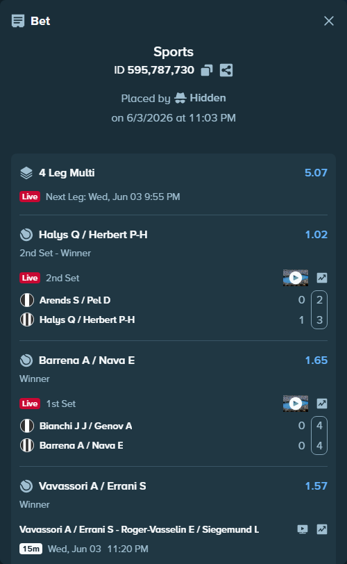 Bet slip: Arends S / Pel D - Halys Q / Herbert P-H, $10,010.00 stake at 1.02 odds, placed by Hidden