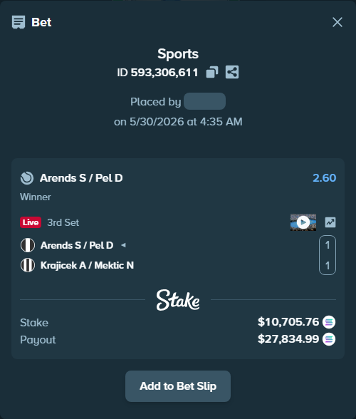 Bet slip: Arends S / Pel D - Krajicek A / Mektic N, $9,595.96 stake at 2.60 odds, placed by Prettylfacko98