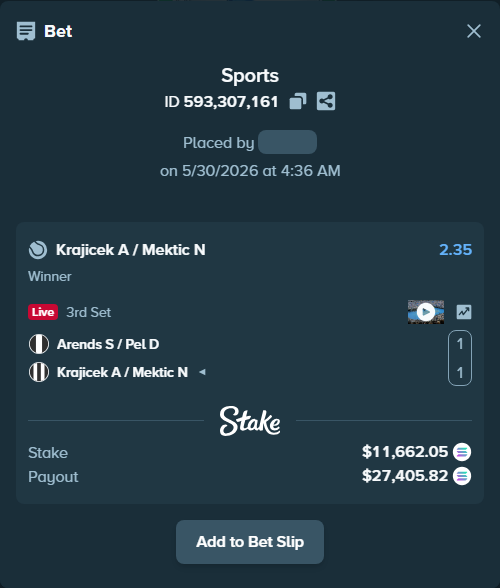 Bet slip: Arends S / Pel D - Krajicek A / Mektic N, $10,453.12 stake at 2.35 odds, placed by Prettylfacko98