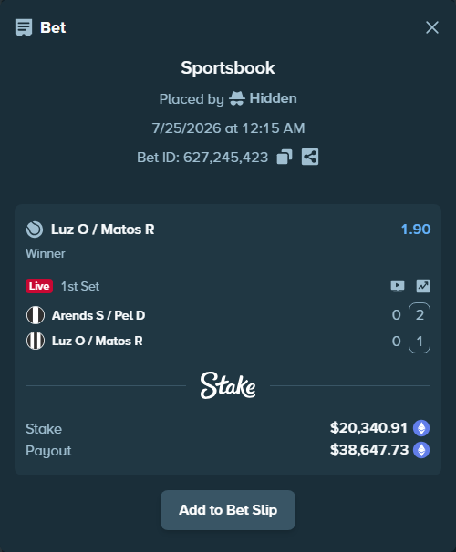 Bet slip: Arends S / Pel D - Luz O / Matos R, $20,881.65 stake at 1.90 odds, placed by Hidden