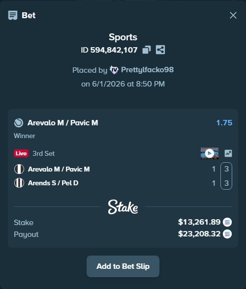 Bet slip: Arevalo M / Pavic M - Arends S / Pel D, $12,023.41 stake at 1.75 odds, placed by Prettylfacko98