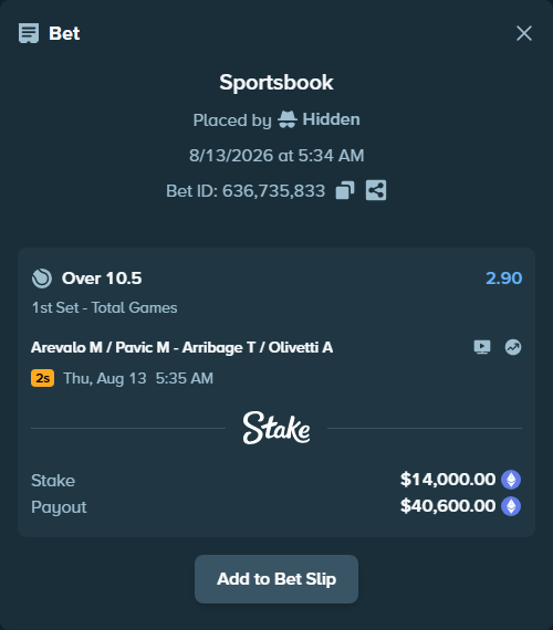 Bet slip: Arevalo M / Pavic M - Arribage T / Olivetti A, $14,063.31 stake at 2.90 odds, placed by Hidden