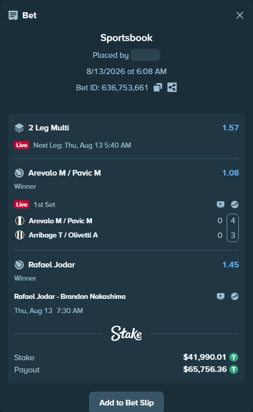 Bet slip: Arevalo M / Pavic M - Arribage T / Olivetti A, $42,032.00 stake at 1.08 odds, placed by antoniku