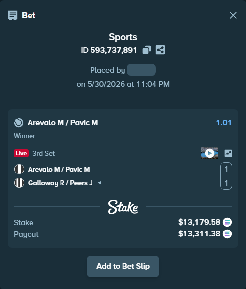 Bet slip: Arevalo M / Pavic M - Galloway R / Peers J, $11,745.61 stake at 1.01 odds, placed by GucciBra