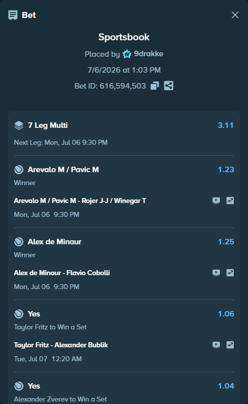Bet slip: Arevalo M / Pavic M - Rojer J-J / Winegar T, $14,569.00 stake at 1.23 odds, placed by 9drakke