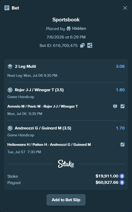 Bet slip: Arevalo M / Pavic M - Rojer J-J / Winegar T, $19,833.69 stake at 1.80 odds, placed by Hidden