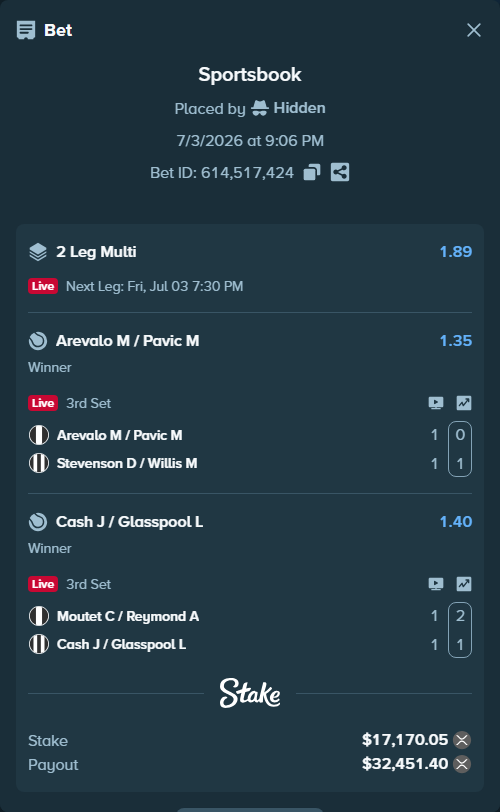 Bet slip: Arevalo M / Pavic M - Stevenson D / Willis M, $18,264.99 stake at 1.35 odds, placed by Hidden